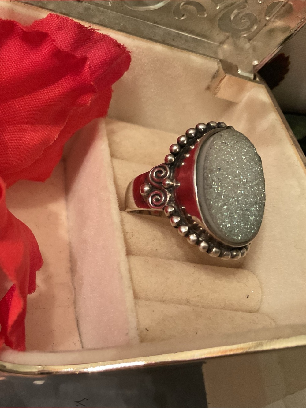SAJEN 925 SOLID STERLING SILVER SILVER DRUZY RING, SIZE 7 EXCELLENT CONDITION